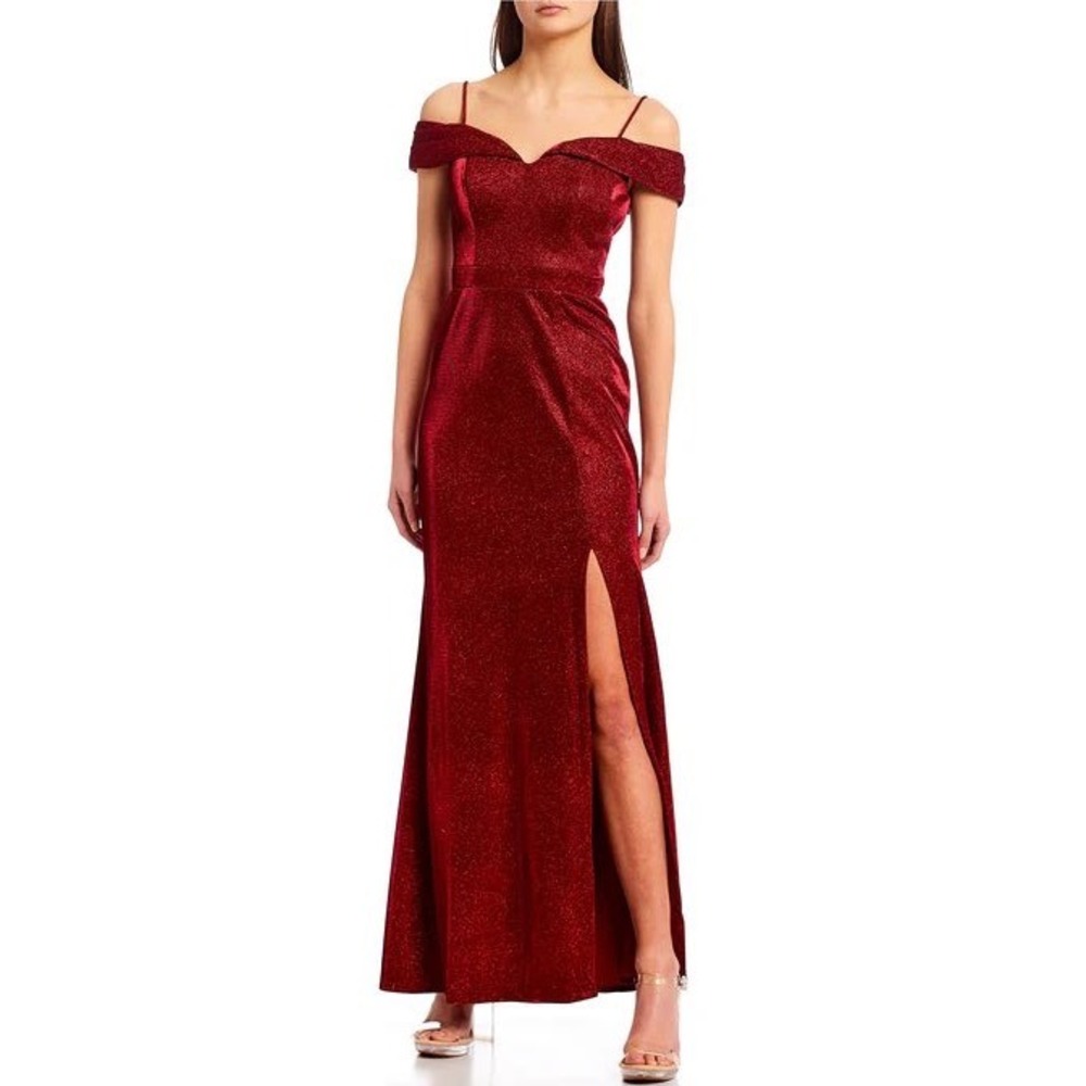 Morgan & Co. Glitter Gown Off Shoulder Formal‎ Dress Slit Evening Party Size 1